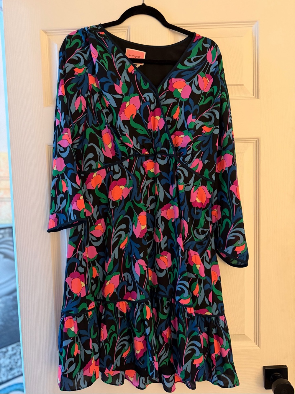 kate spade Black Floral V-Neck Tiered Dress with Pink, Orange & Green Motif